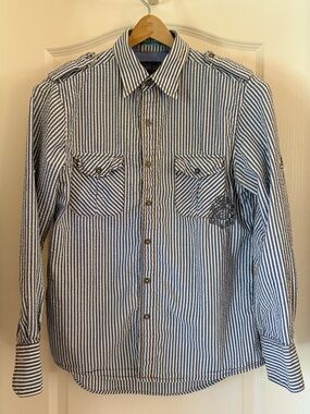 Men’s “English Laundry” Blue and White Seersucker Long-Sleeved Shirt, Size Small